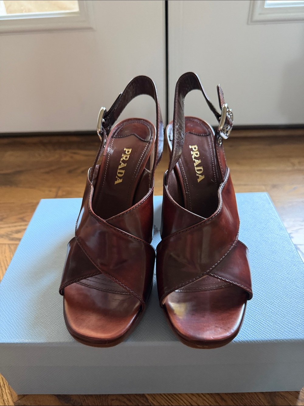 Prada Dark Brown Leather Crisscross Slingback Heels